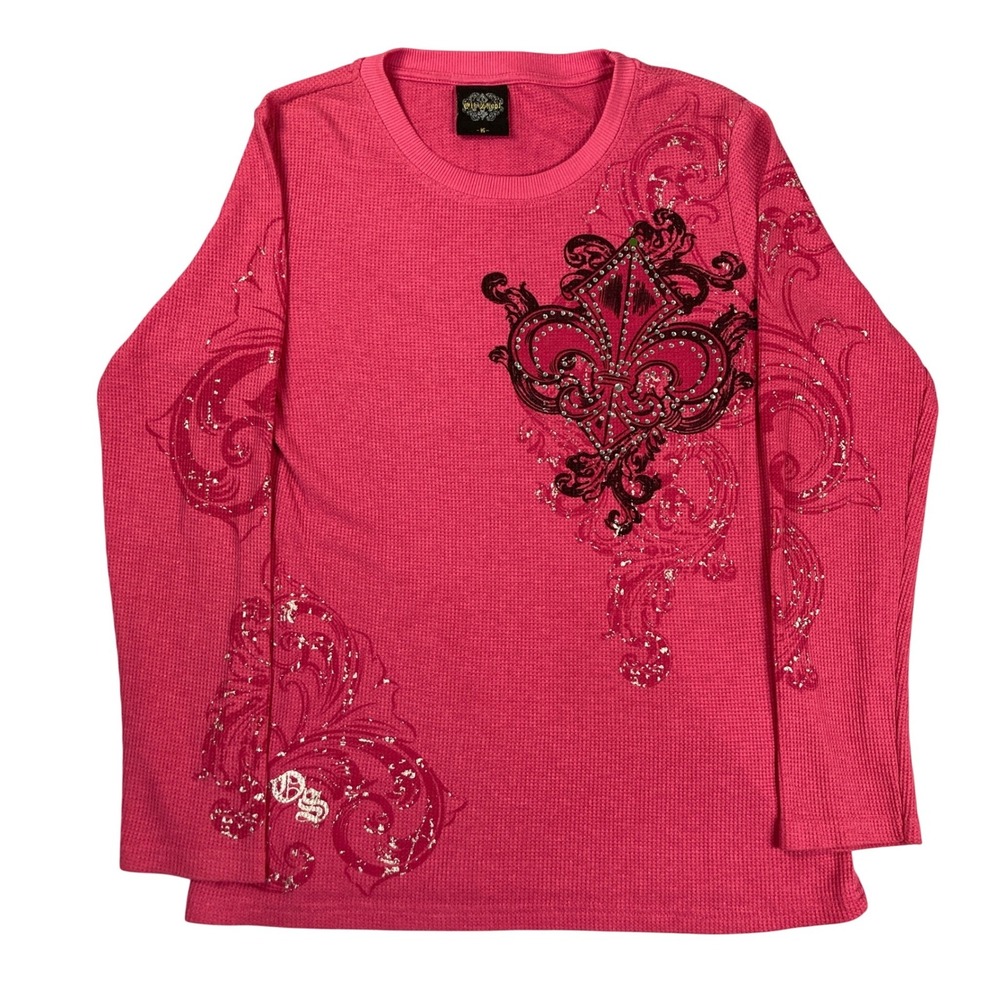 Y2K Old Skool Pink Thermal Long Sleeve Shirt Rhinestone Fleur De Lis Royalty XL